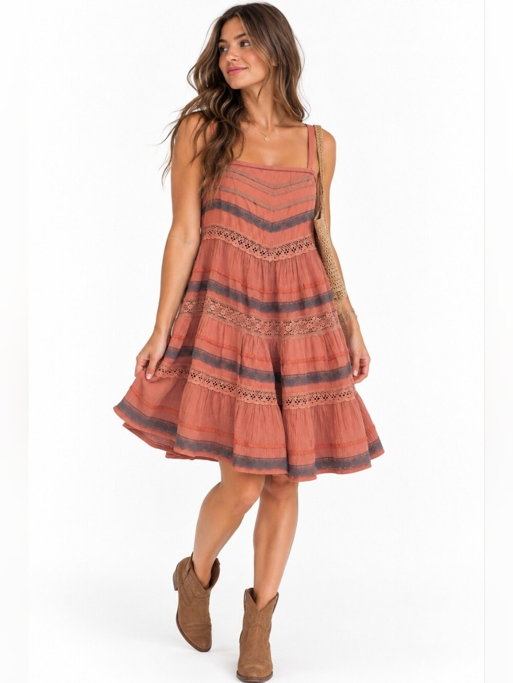 Pins & Needles Rust Pink Striped Tiered Mini Dress